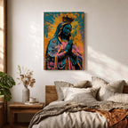 A vibrant pop art style depiction of Our Lady of Guadalupe featuring her iconic crowned figure with hands in prayer, radiant halo background, and detailed cloak adorned with stars, rendered in bold contrasting colors and modern graphic elements.