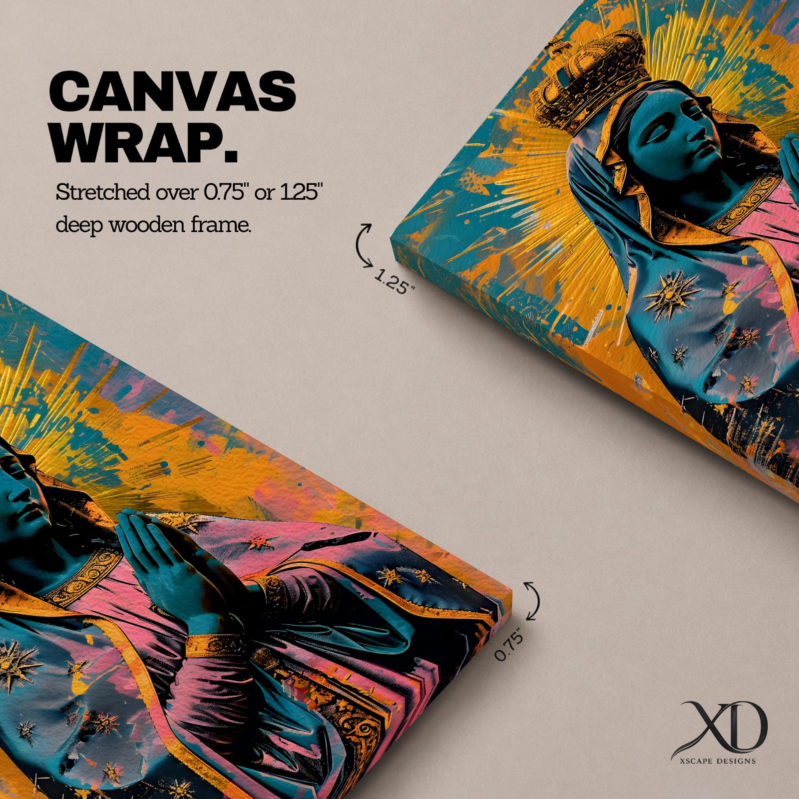 A vibrant pop art style depiction of Our Lady of Guadalupe featuring her iconic crowned figure with hands in prayer, radiant halo background, and detailed cloak adorned with stars, rendered in bold contrasting colors and modern graphic elements.