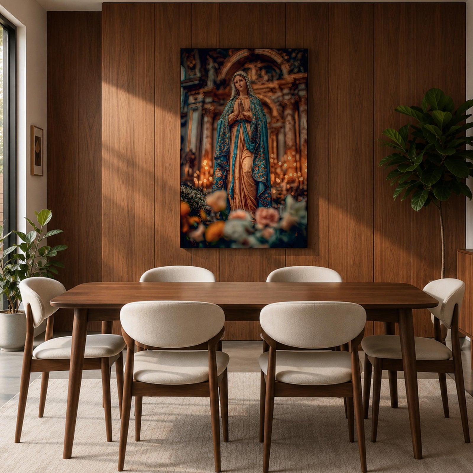 A detailed framed canvas print depicting Our Lady of Lourdes, showing the Virgin Mary in a traditional pose with hands clasped in prayer, wearing a flowing robe and veil, set against a softly blurred background of candles and floral elements, emphasizing religious devotion and reverence.