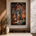 A detailed framed canvas print depicting Our Lady of Lourdes, showing the Virgin Mary in a traditional pose with hands clasped in prayer, wearing a flowing robe and veil, set against a softly blurred background of candles and floral elements, emphasizing religious devotion and reverence.