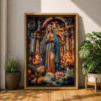 A detailed framed canvas print depicting Our Lady of Lourdes, showing the Virgin Mary in a traditional pose with hands clasped in prayer, wearing a flowing robe and veil, set against a softly blurred background of candles and floral elements, emphasizing religious devotion and reverence.