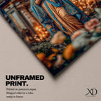 A detailed framed canvas print depicting Our Lady of Lourdes, showing the Virgin Mary in a traditional pose with hands clasped in prayer, wearing a flowing robe and veil, set against a softly blurred background of candles and floral elements, emphasizing religious devotion and reverence.