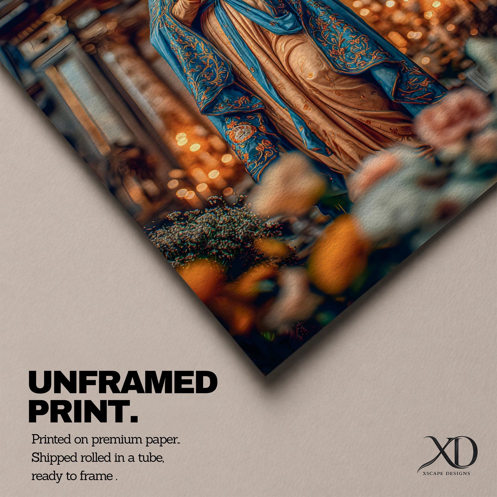 A detailed framed canvas print depicting Our Lady of Lourdes, showing the Virgin Mary in a traditional pose with hands clasped in prayer, wearing a flowing robe and veil, set against a softly blurred background of candles and floral elements, emphasizing religious devotion and reverence.
