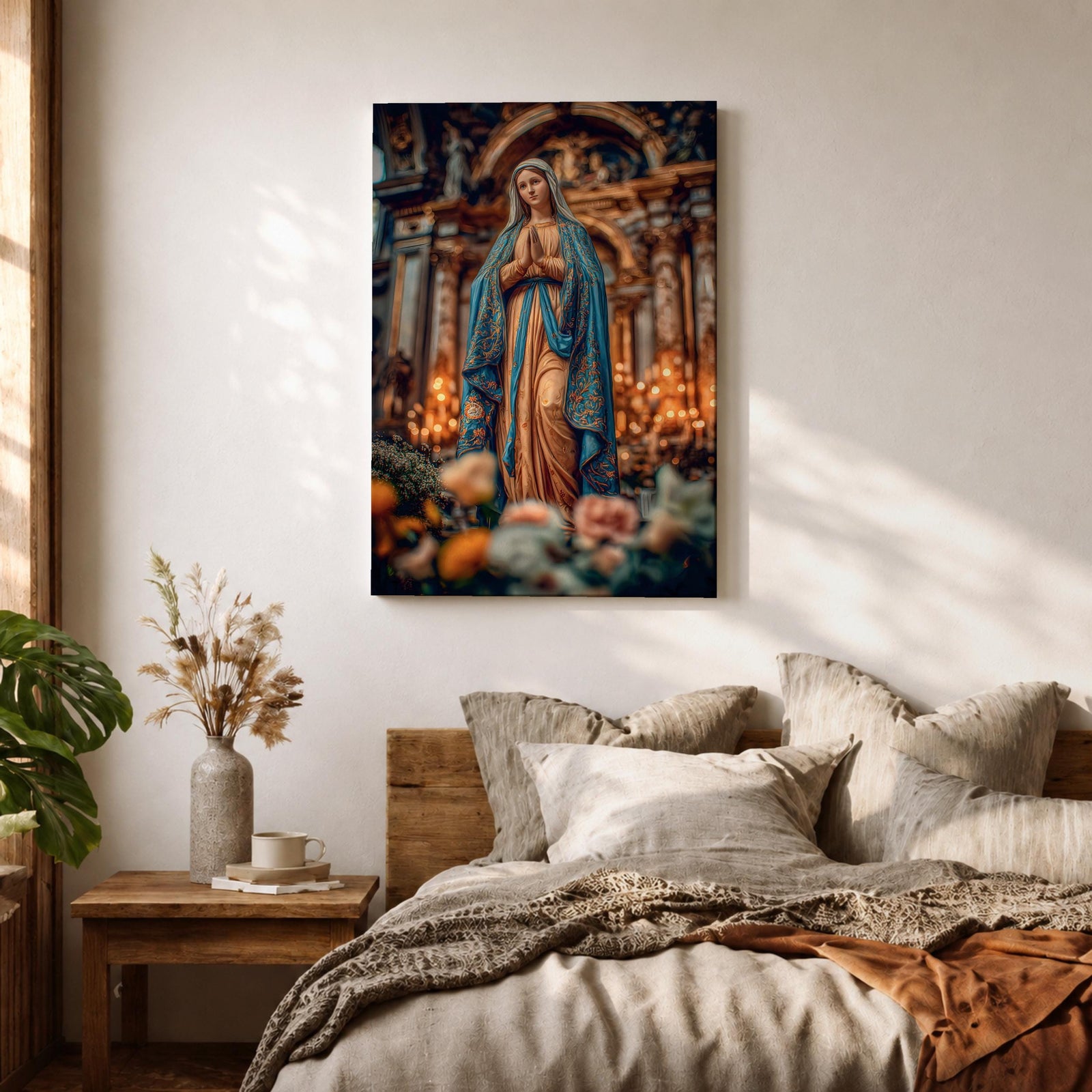 A detailed framed canvas print depicting Our Lady of Lourdes, showing the Virgin Mary in a traditional pose with hands clasped in prayer, wearing a flowing robe and veil, set against a softly blurred background of candles and floral elements, emphasizing religious devotion and reverence.