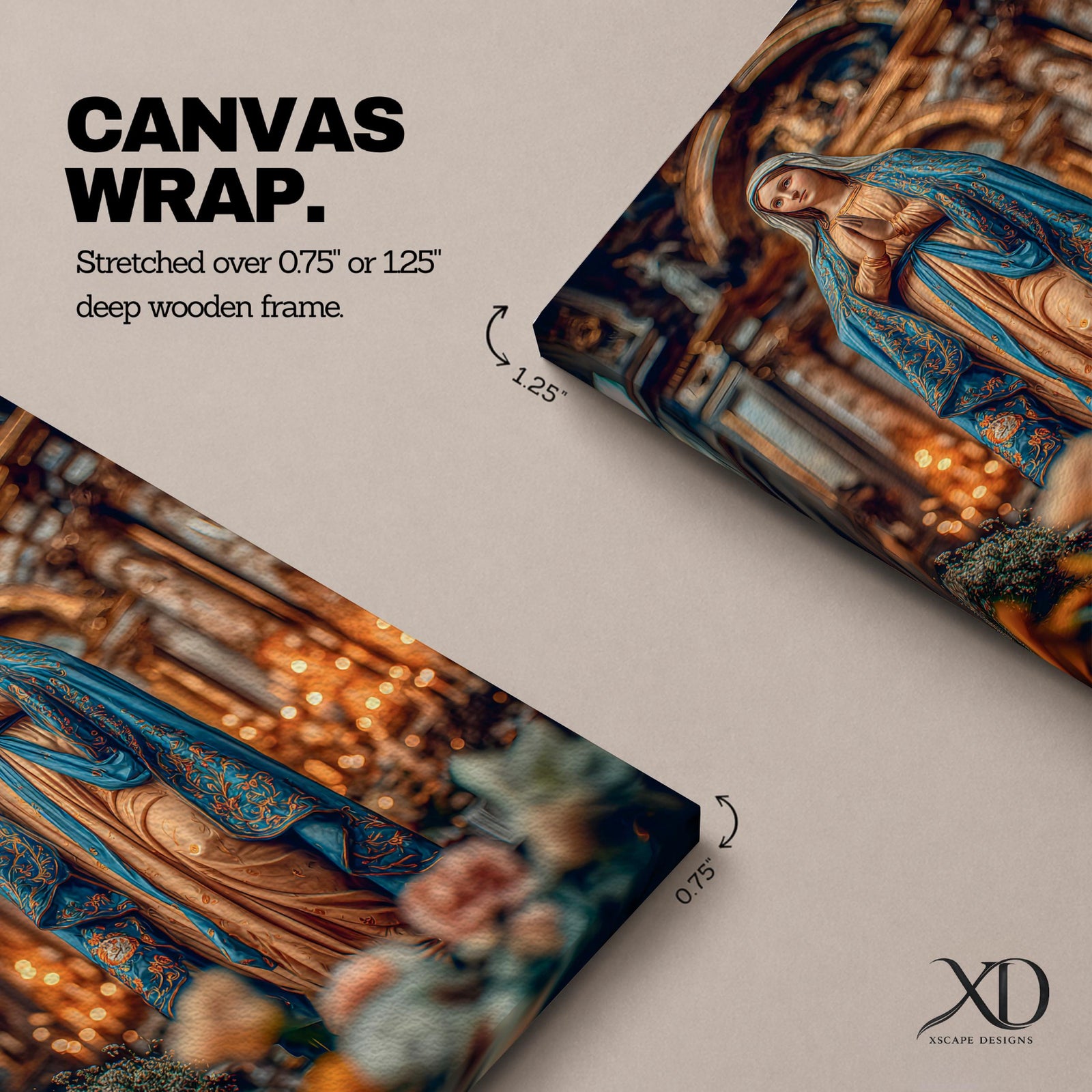 A detailed framed canvas print depicting Our Lady of Lourdes, showing the Virgin Mary in a traditional pose with hands clasped in prayer, wearing a flowing robe and veil, set against a softly blurred background of candles and floral elements, emphasizing religious devotion and reverence.