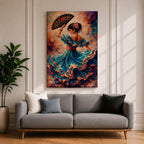 A flamenco dancer in a flowing teal dress spins with one arm raised holding a decorative fan, her layered skirt sweeping outward in dynamic motion with vivid strokes of red, gold, and blue, while floral accents in her hair and expressive posture enhance the rhythm and energy of the richly textured composition.