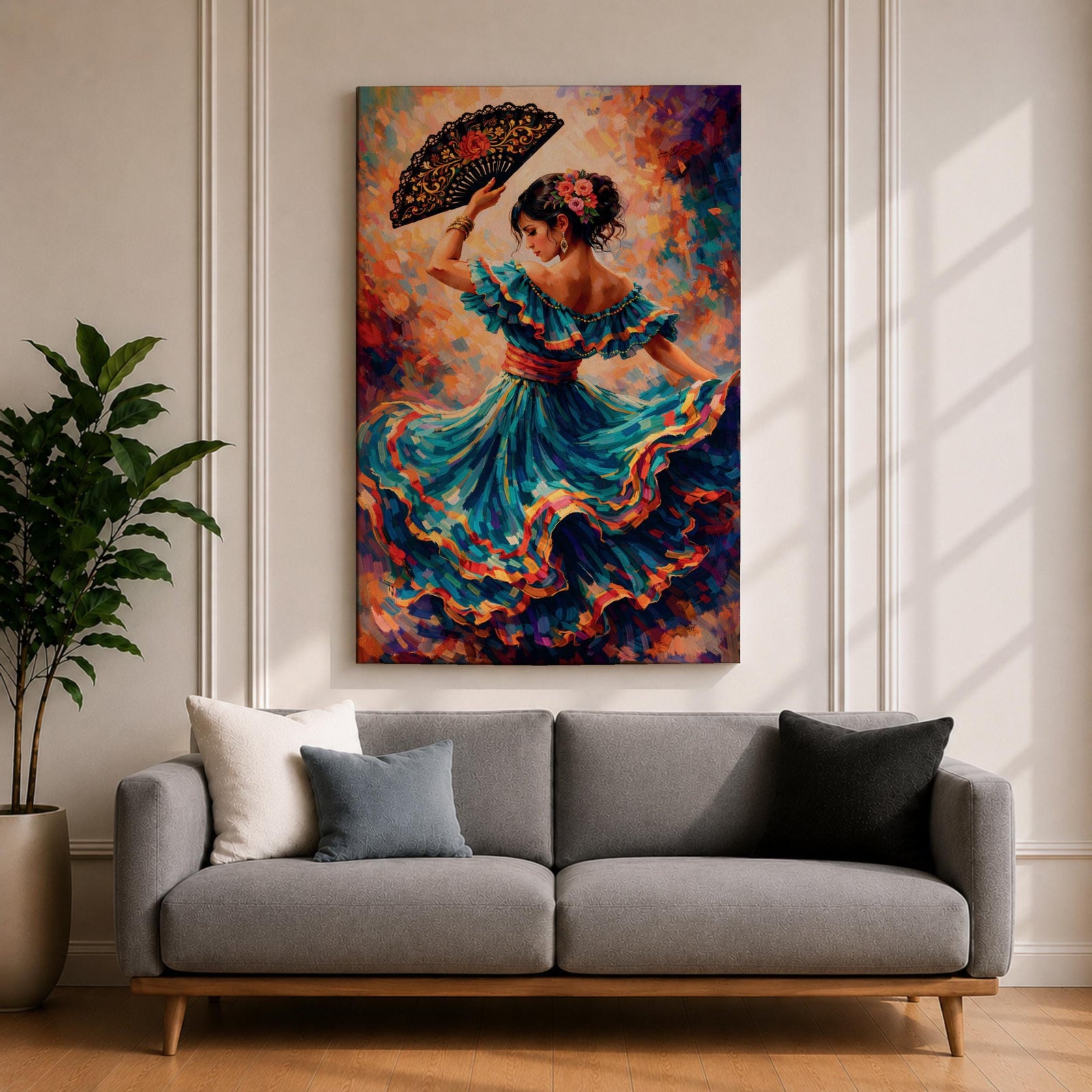 A flamenco dancer in a flowing teal dress spins with one arm raised holding a decorative fan, her layered skirt sweeping outward in dynamic motion with vivid strokes of red, gold, and blue, while floral accents in her hair and expressive posture enhance the rhythm and energy of the richly textured composition.