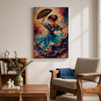 A flamenco dancer in a flowing teal dress spins with one arm raised holding a decorative fan, her layered skirt sweeping outward in dynamic motion with vivid strokes of red, gold, and blue, while floral accents in her hair and expressive posture enhance the rhythm and energy of the richly textured composition.