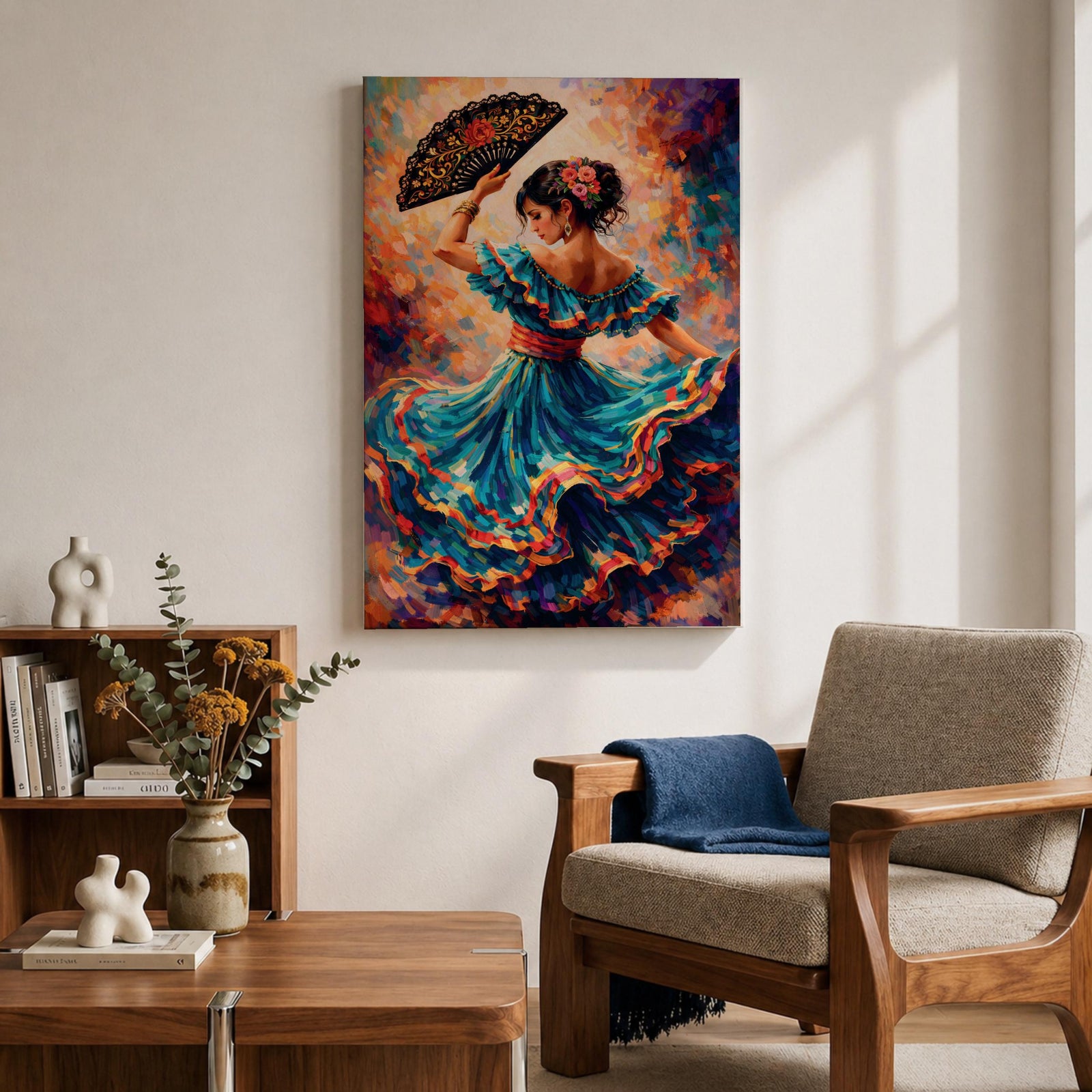 A flamenco dancer in a flowing teal dress spins with one arm raised holding a decorative fan, her layered skirt sweeping outward in dynamic motion with vivid strokes of red, gold, and blue, while floral accents in her hair and expressive posture enhance the rhythm and energy of the richly textured composition.