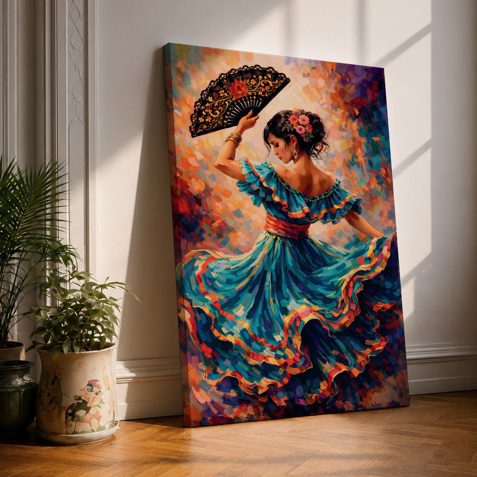 A flamenco dancer in a flowing teal dress spins with one arm raised holding a decorative fan, her layered skirt sweeping outward in dynamic motion with vivid strokes of red, gold, and blue, while floral accents in her hair and expressive posture enhance the rhythm and energy of the richly textured composition.