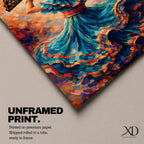 A flamenco dancer in a flowing teal dress spins with one arm raised holding a decorative fan, her layered skirt sweeping outward in dynamic motion with vivid strokes of red, gold, and blue, while floral accents in her hair and expressive posture enhance the rhythm and energy of the richly textured composition.