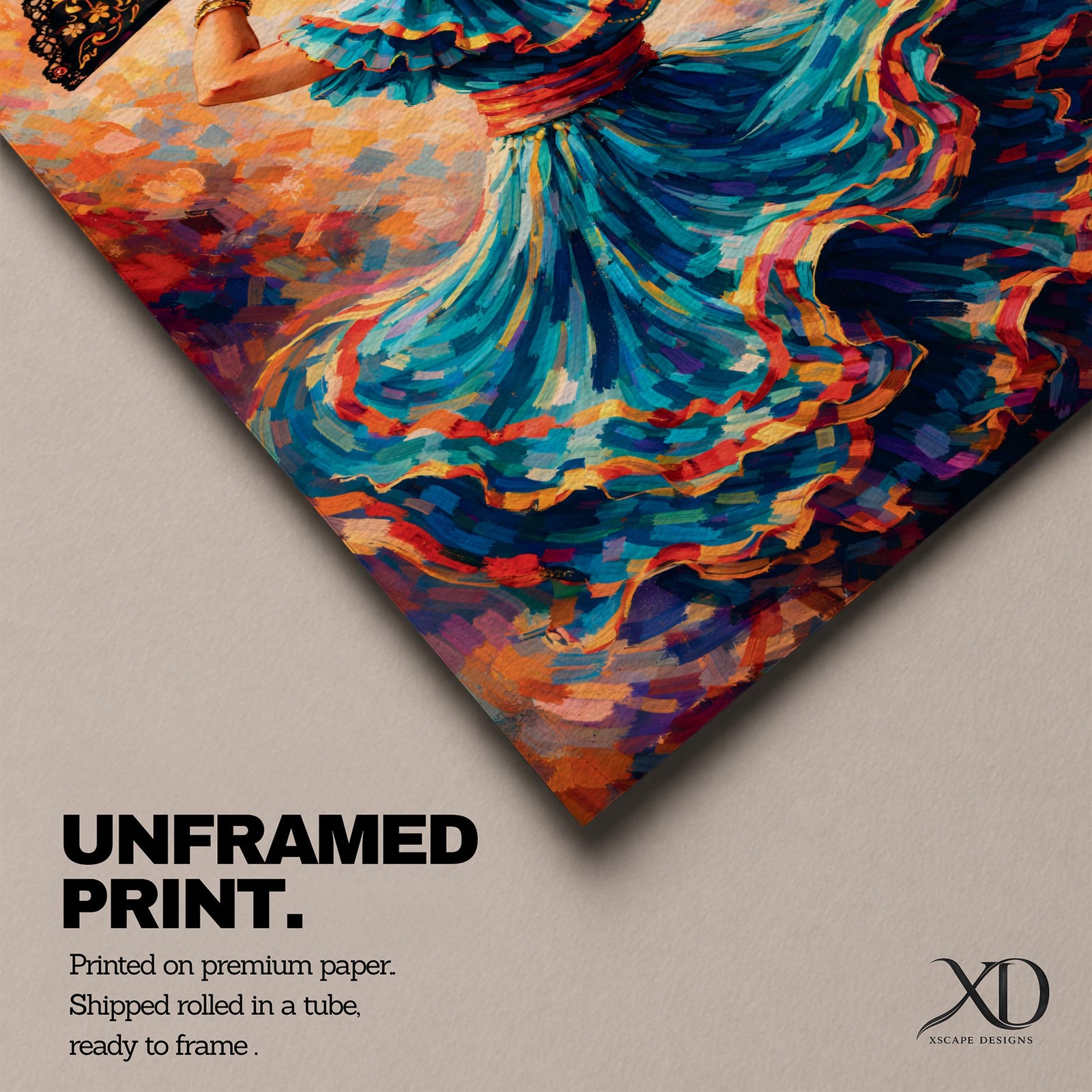 A flamenco dancer in a flowing teal dress spins with one arm raised holding a decorative fan, her layered skirt sweeping outward in dynamic motion with vivid strokes of red, gold, and blue, while floral accents in her hair and expressive posture enhance the rhythm and energy of the richly textured composition.