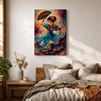 A flamenco dancer in a flowing teal dress spins with one arm raised holding a decorative fan, her layered skirt sweeping outward in dynamic motion with vivid strokes of red, gold, and blue, while floral accents in her hair and expressive posture enhance the rhythm and energy of the richly textured composition.