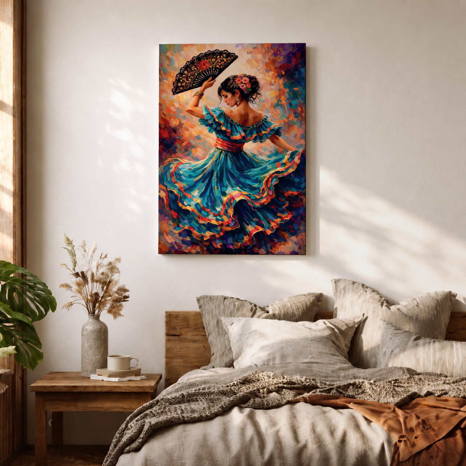 A flamenco dancer in a flowing teal dress spins with one arm raised holding a decorative fan, her layered skirt sweeping outward in dynamic motion with vivid strokes of red, gold, and blue, while floral accents in her hair and expressive posture enhance the rhythm and energy of the richly textured composition.
