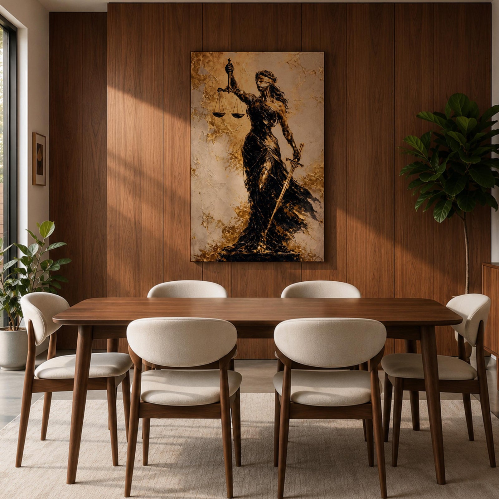 A textured painting of Lady Justice, blindfolded and holding balanced scales in one hand and a sword in the other, rendered in dark and golden tones with a flowing gown, symbolizing fairness and law in a classic justice theme.