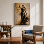 A textured painting of Lady Justice, blindfolded and holding balanced scales in one hand and a sword in the other, rendered in dark and golden tones with a flowing gown, symbolizing fairness and law in a classic justice theme.