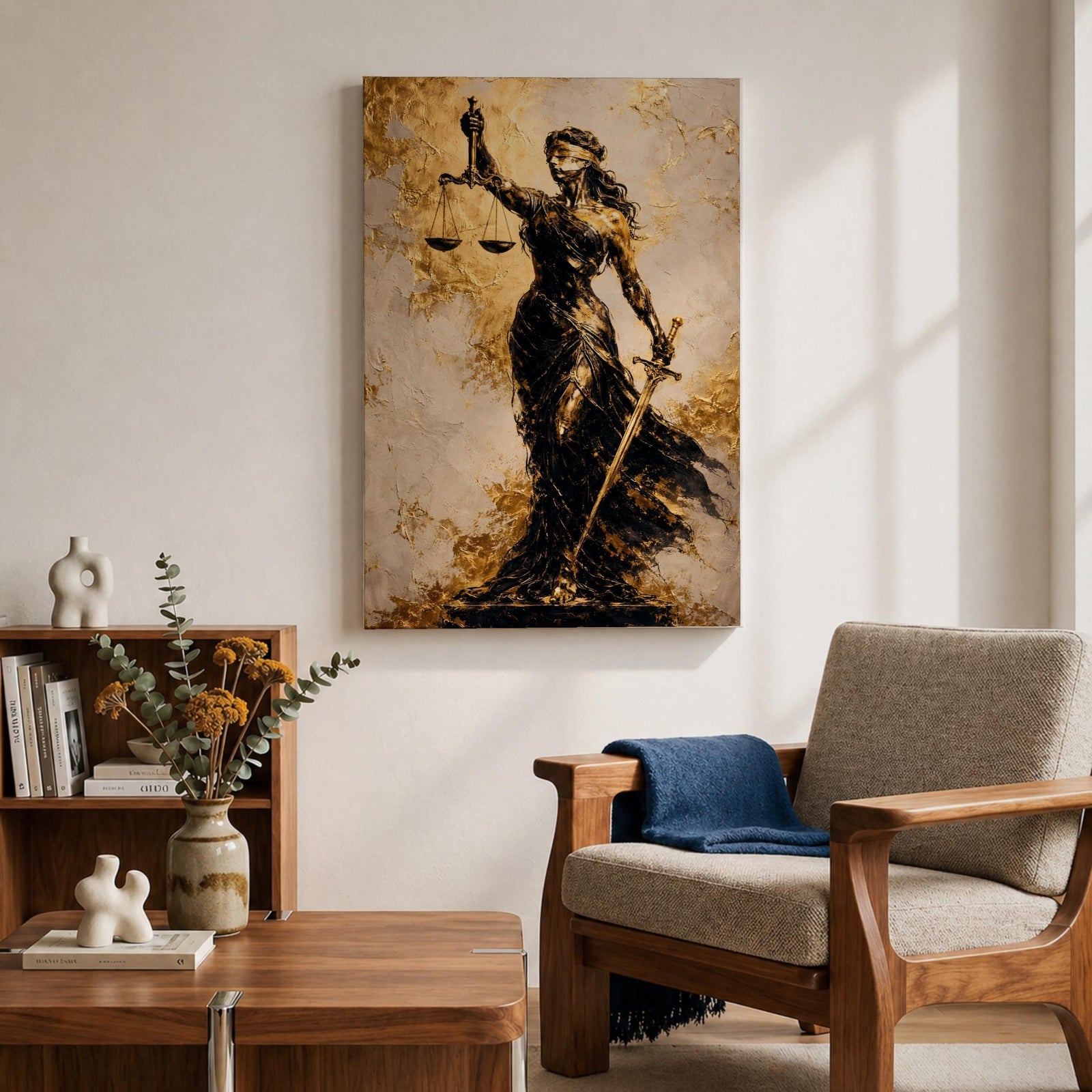 A textured painting of Lady Justice, blindfolded and holding balanced scales in one hand and a sword in the other, rendered in dark and golden tones with a flowing gown, symbolizing fairness and law in a classic justice theme.