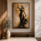 A textured painting of Lady Justice, blindfolded and holding balanced scales in one hand and a sword in the other, rendered in dark and golden tones with a flowing gown, symbolizing fairness and law in a classic justice theme.