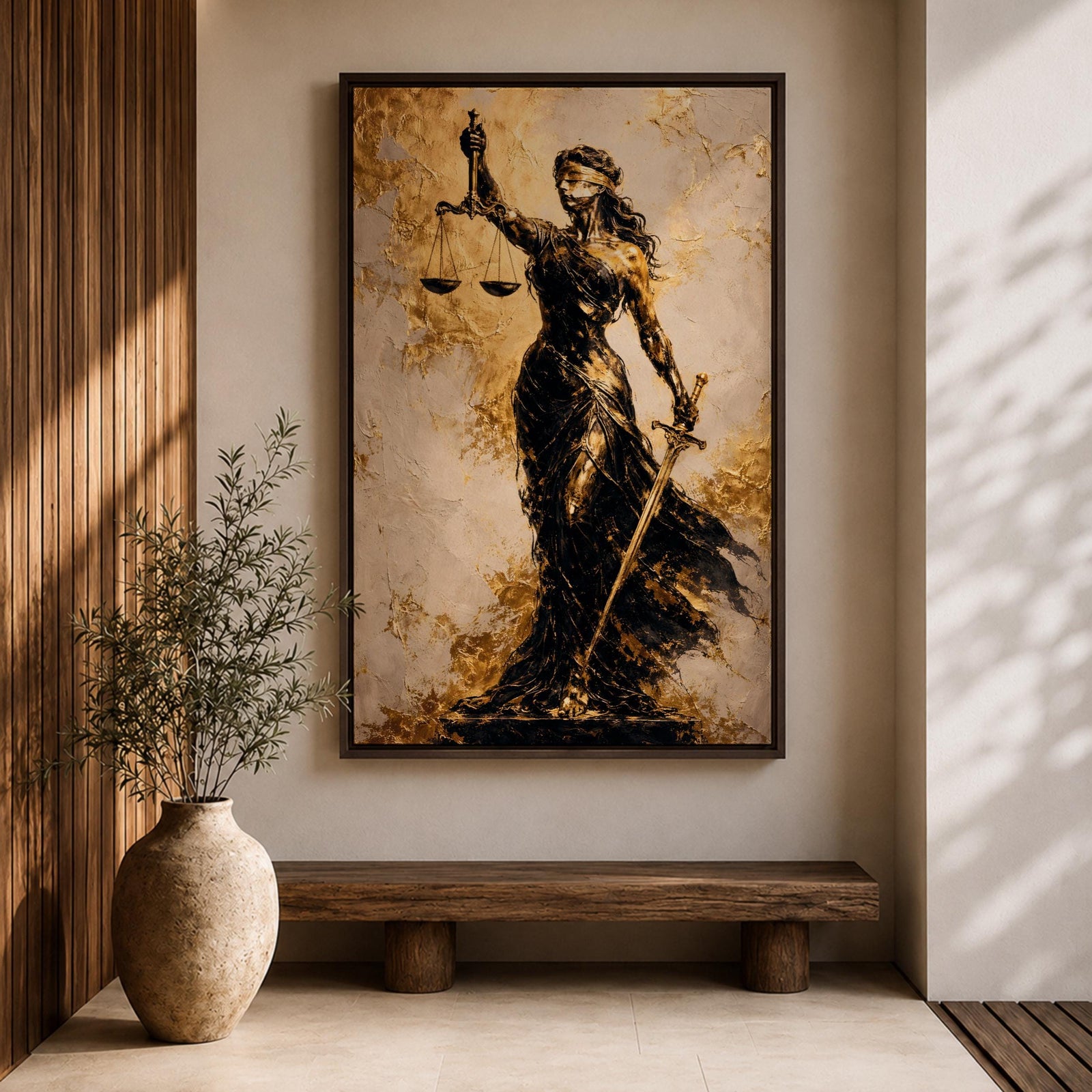 A textured painting of Lady Justice, blindfolded and holding balanced scales in one hand and a sword in the other, rendered in dark and golden tones with a flowing gown, symbolizing fairness and law in a classic justice theme.