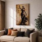 A textured painting of Lady Justice, blindfolded and holding balanced scales in one hand and a sword in the other, rendered in dark and golden tones with a flowing gown, symbolizing fairness and law in a classic justice theme.