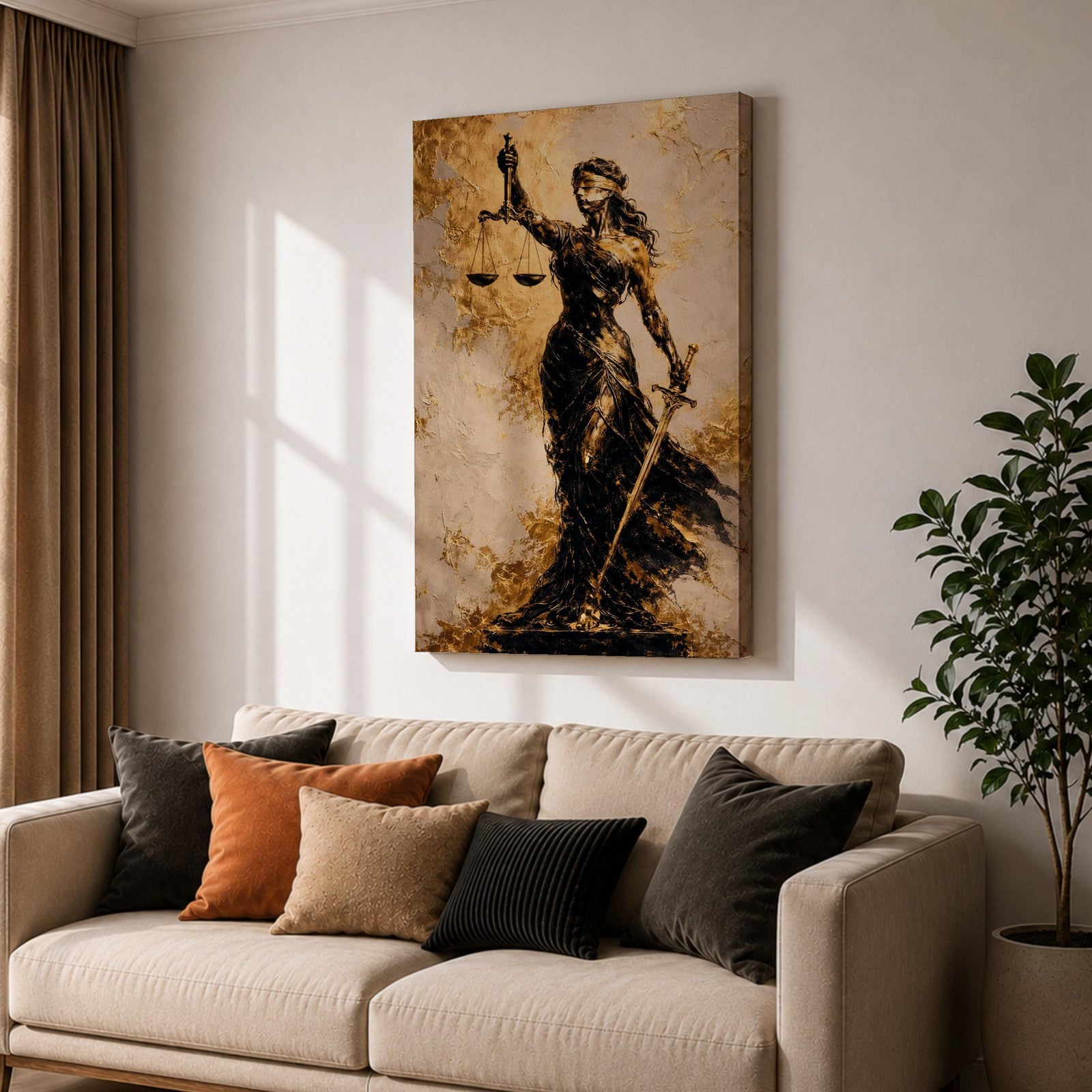 A textured painting of Lady Justice, blindfolded and holding balanced scales in one hand and a sword in the other, rendered in dark and golden tones with a flowing gown, symbolizing fairness and law in a classic justice theme.