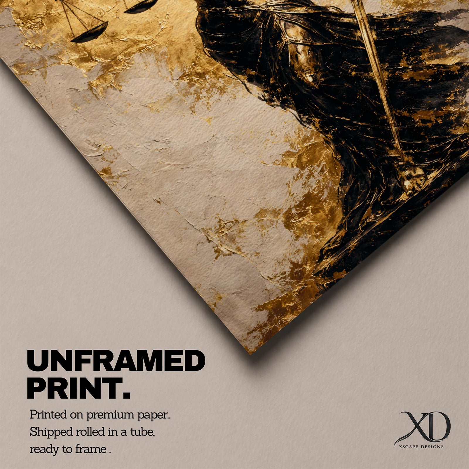 A textured painting of Lady Justice, blindfolded and holding balanced scales in one hand and a sword in the other, rendered in dark and golden tones with a flowing gown, symbolizing fairness and law in a classic justice theme.