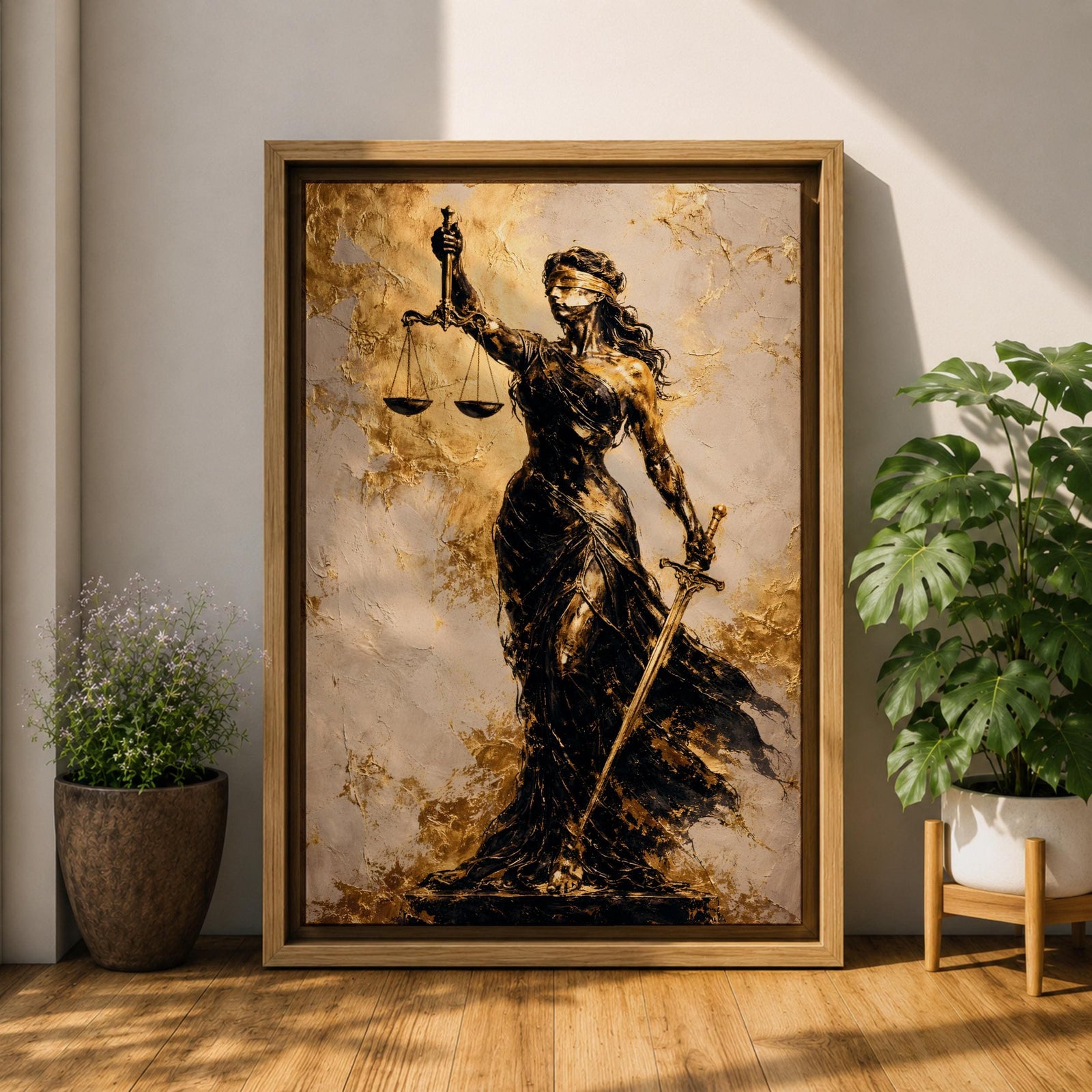 A textured painting of Lady Justice, blindfolded and holding balanced scales in one hand and a sword in the other, rendered in dark and golden tones with a flowing gown, symbolizing fairness and law in a classic justice theme.