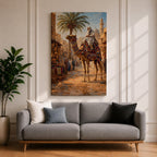 A detailed painting of a Bedouin camel rider dressed in traditional white robes atop a camel adorned with colorful textiles, set in a bustling Middle Eastern market street with palm trees and historic buildings under a bright sky, capturing cultural life in a realistic style.
