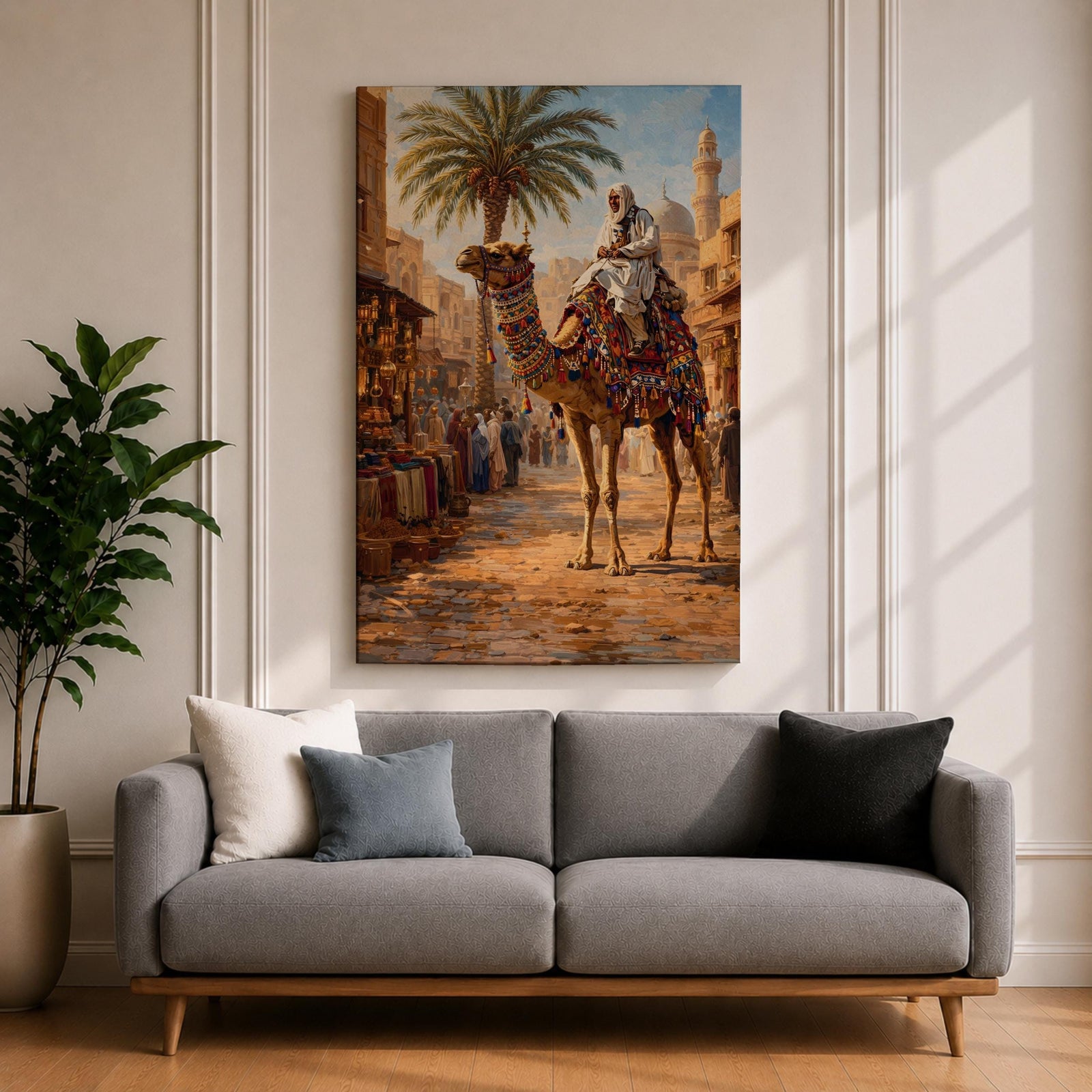 A detailed painting of a Bedouin camel rider dressed in traditional white robes atop a camel adorned with colorful textiles, set in a bustling Middle Eastern market street with palm trees and historic buildings under a bright sky, capturing cultural life in a realistic style.