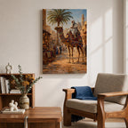 A detailed painting of a Bedouin camel rider dressed in traditional white robes atop a camel adorned with colorful textiles, set in a bustling Middle Eastern market street with palm trees and historic buildings under a bright sky, capturing cultural life in a realistic style.
