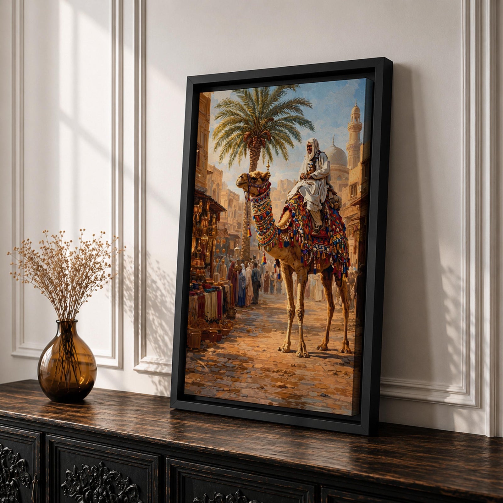 A detailed painting of a Bedouin camel rider dressed in traditional white robes atop a camel adorned with colorful textiles, set in a bustling Middle Eastern market street with palm trees and historic buildings under a bright sky, capturing cultural life in a realistic style.