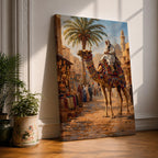 A detailed painting of a Bedouin camel rider dressed in traditional white robes atop a camel adorned with colorful textiles, set in a bustling Middle Eastern market street with palm trees and historic buildings under a bright sky, capturing cultural life in a realistic style.