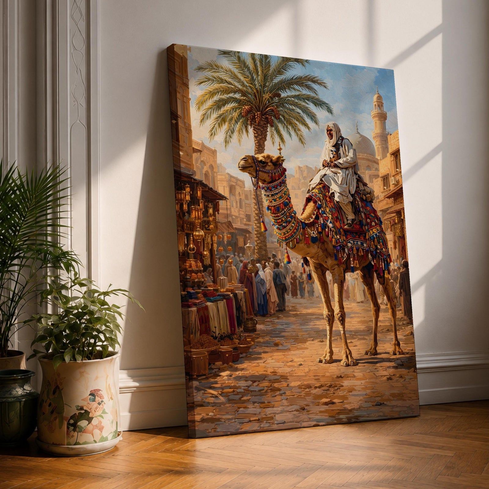 A detailed painting of a Bedouin camel rider dressed in traditional white robes atop a camel adorned with colorful textiles, set in a bustling Middle Eastern market street with palm trees and historic buildings under a bright sky, capturing cultural life in a realistic style.