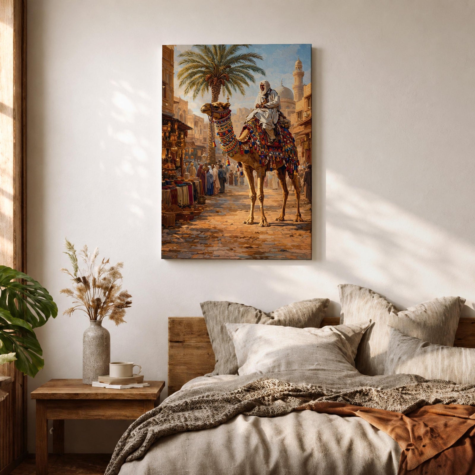 A detailed painting of a Bedouin camel rider dressed in traditional white robes atop a camel adorned with colorful textiles, set in a bustling Middle Eastern market street with palm trees and historic buildings under a bright sky, capturing cultural life in a realistic style.