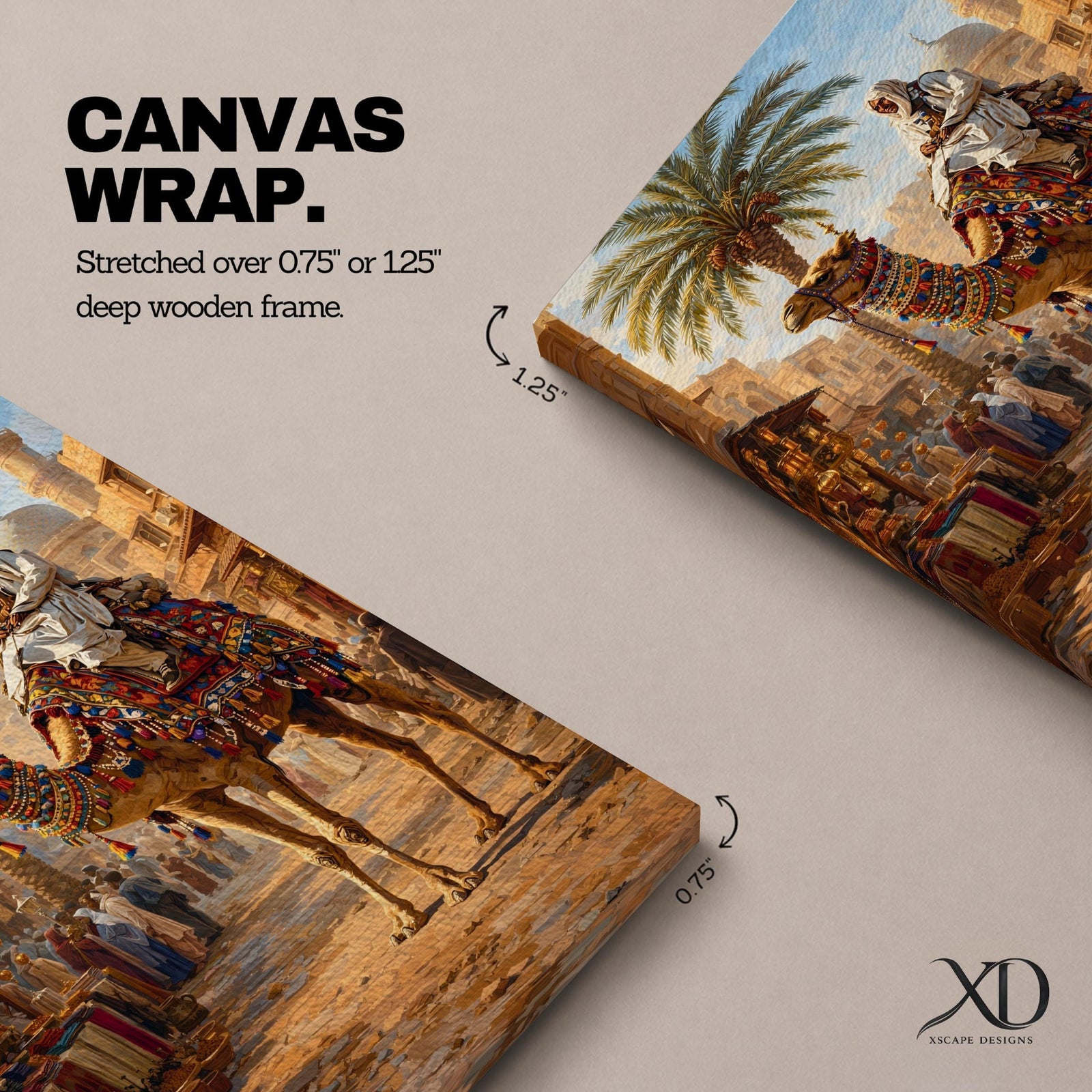 A detailed painting of a Bedouin camel rider dressed in traditional white robes atop a camel adorned with colorful textiles, set in a bustling Middle Eastern market street with palm trees and historic buildings under a bright sky, capturing cultural life in a realistic style.