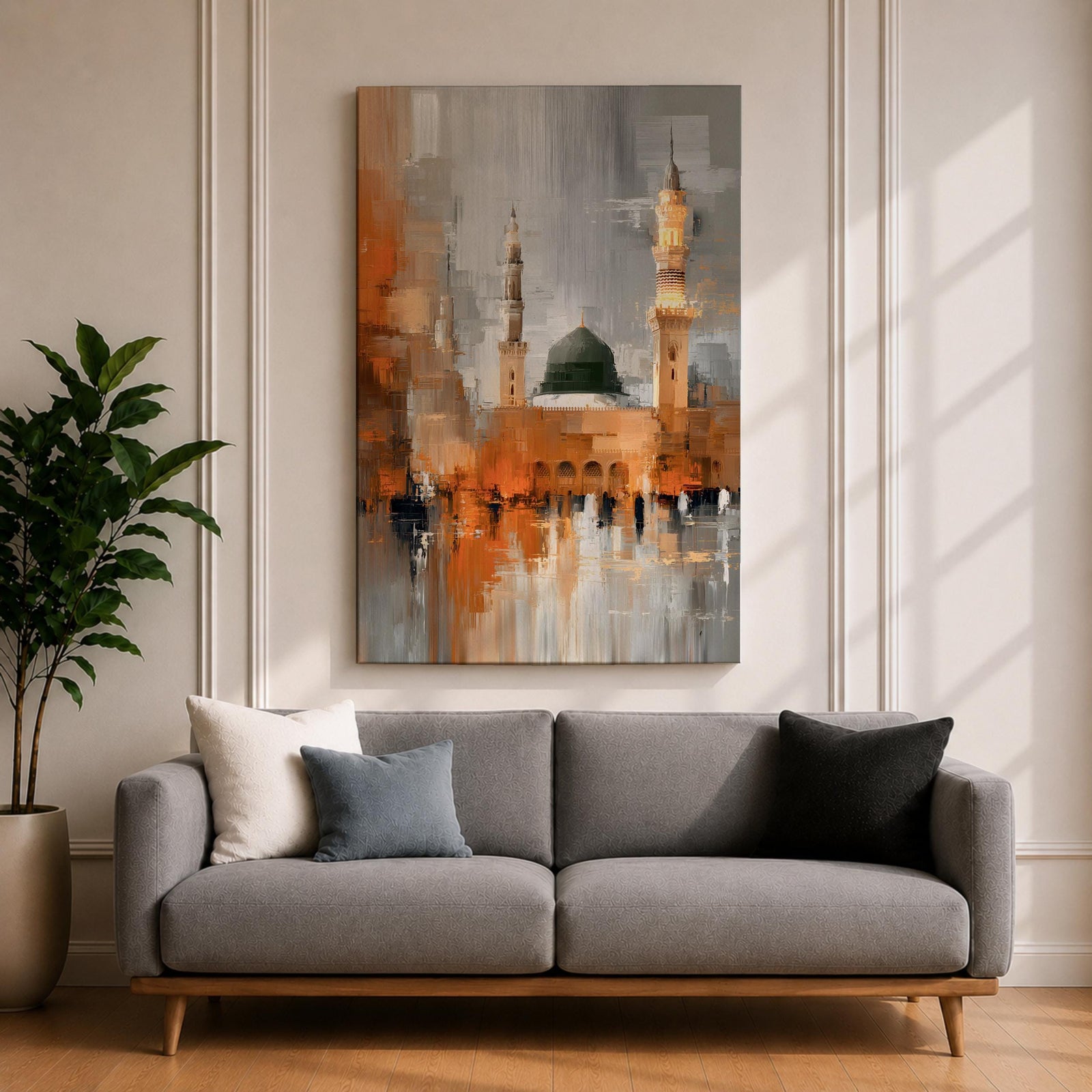 An abstract impressionistic painting of Al Masjid Nabawi in Madinah, featuring the iconic green dome and tall minarets rising above a reflective courtyard, rendered with textured brushstrokes and blended tones of gold, gray, and white, capturing movement, light, and architectural form in a modern expressive style.