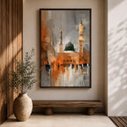 An abstract impressionistic painting of Al Masjid Nabawi in Madinah, featuring the iconic green dome and tall minarets rising above a reflective courtyard, rendered with textured brushstrokes and blended tones of gold, gray, and white, capturing movement, light, and architectural form in a modern expressive style.