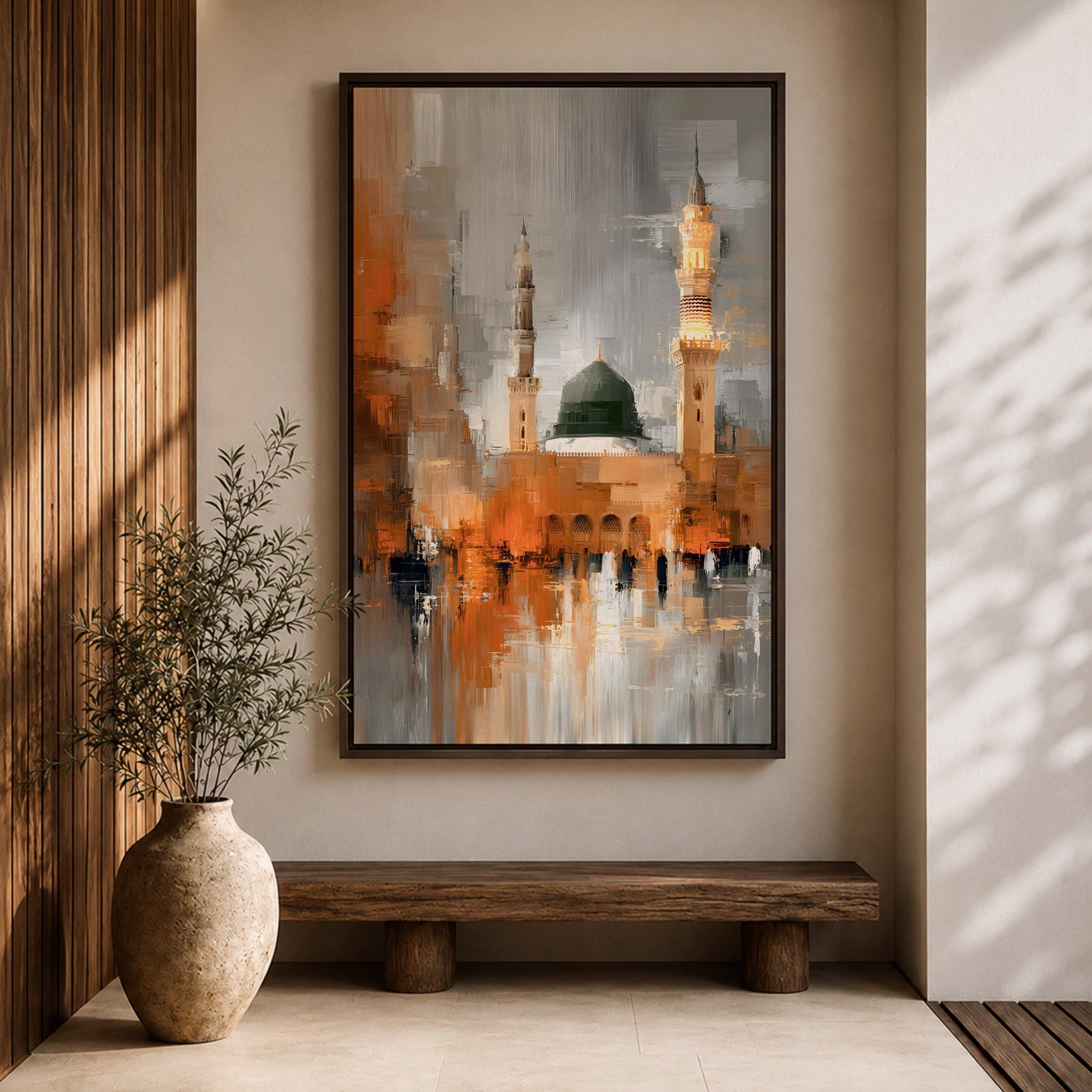 An abstract impressionistic painting of Al Masjid Nabawi in Madinah, featuring the iconic green dome and tall minarets rising above a reflective courtyard, rendered with textured brushstrokes and blended tones of gold, gray, and white, capturing movement, light, and architectural form in a modern expressive style.