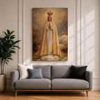 A detailed framed canvas painting of Our Lady of Fatima, depicting the Virgin Mary crowned and standing on clouds with hands in prayer, wearing a white and gold robe, rendered in a classic religious style with textured brushstrokes and a glowing background.