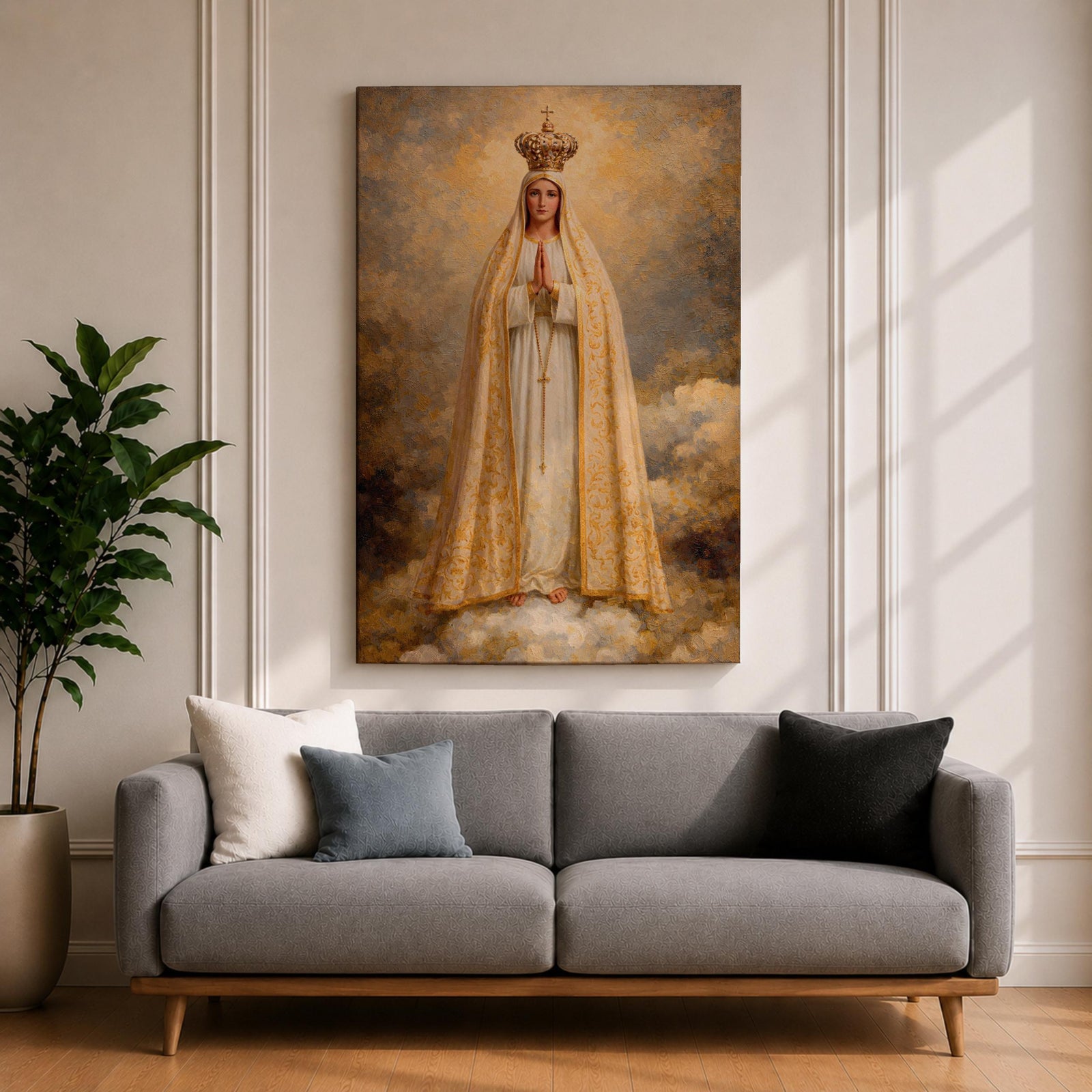 A detailed framed canvas painting of Our Lady of Fatima, depicting the Virgin Mary crowned and standing on clouds with hands in prayer, wearing a white and gold robe, rendered in a classic religious style with textured brushstrokes and a glowing background.
