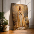 A detailed framed canvas painting of Our Lady of Fatima, depicting the Virgin Mary crowned and standing on clouds with hands in prayer, wearing a white and gold robe, rendered in a classic religious style with textured brushstrokes and a glowing background.