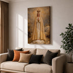 A detailed framed canvas painting of Our Lady of Fatima, depicting the Virgin Mary crowned and standing on clouds with hands in prayer, wearing a white and gold robe, rendered in a classic religious style with textured brushstrokes and a glowing background.
