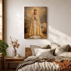 A detailed framed canvas painting of Our Lady of Fatima, depicting the Virgin Mary crowned and standing on clouds with hands in prayer, wearing a white and gold robe, rendered in a classic religious style with textured brushstrokes and a glowing background.