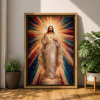 A mosaic-style framed canvas depicting the Sacred Heart of Jesus with radiant beams of light emanating from the heart. The figure is dressed in flowing robes with one hand raised in blessing and the other pointing to the glowing heart, set against a vibrant, colorful mosaic background.
