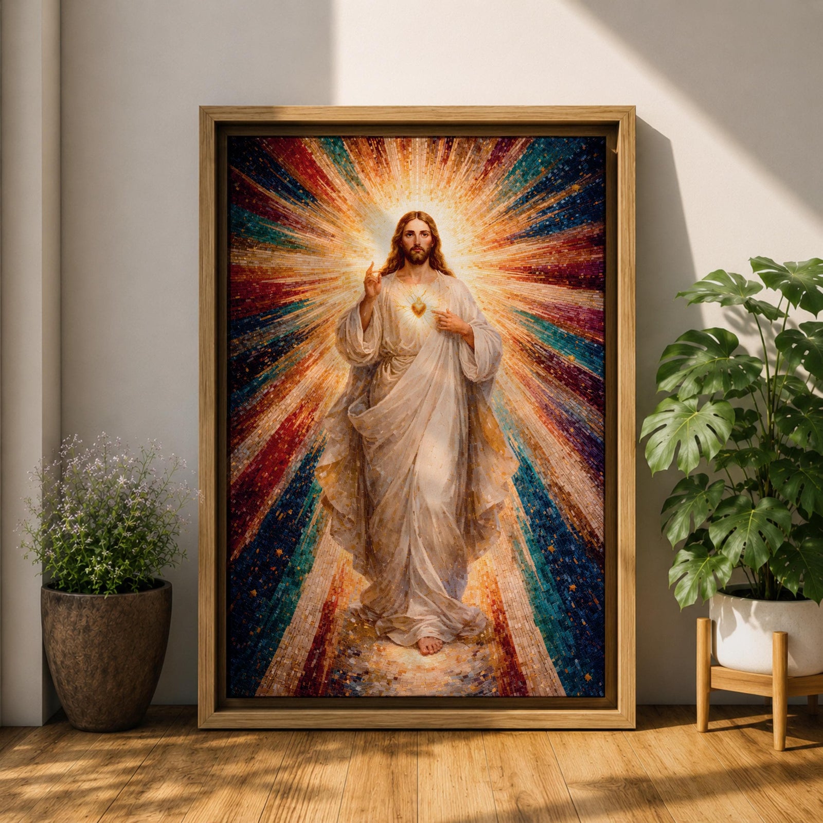 A mosaic-style framed canvas depicting the Sacred Heart of Jesus with radiant beams of light emanating from the heart. The figure is dressed in flowing robes with one hand raised in blessing and the other pointing to the glowing heart, set against a vibrant, colorful mosaic background.