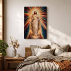 A mosaic-style framed canvas depicting the Sacred Heart of Jesus with radiant beams of light emanating from the heart. The figure is dressed in flowing robes with one hand raised in blessing and the other pointing to the glowing heart, set against a vibrant, colorful mosaic background.