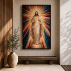 A mosaic-style framed canvas depicting the Sacred Heart of Jesus with radiant beams of light emanating from the heart. The figure is dressed in flowing robes with one hand raised in blessing and the other pointing to the glowing heart, set against a vibrant, colorful mosaic background.