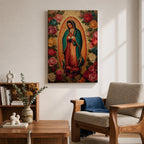 A vintage-style depiction of Our Lady of Guadalupe surrounded by vibrant roses, featuring the Virgin of Guadalupe in traditional robes with hands clasped in prayer, rendered on a framed canvas with detailed floral borders in a classic Catholic art style.
