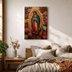 A vintage-style depiction of Our Lady of Guadalupe surrounded by vibrant roses, featuring the Virgin of Guadalupe in traditional robes with hands clasped in prayer, rendered on a framed canvas with detailed floral borders in a classic Catholic art style.
