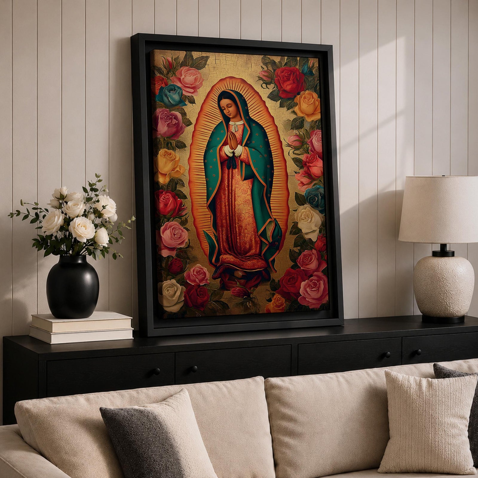 A vintage-style depiction of Our Lady of Guadalupe surrounded by vibrant roses, featuring the Virgin of Guadalupe in traditional robes with hands clasped in prayer, rendered on a framed canvas with detailed floral borders in a classic Catholic art style.